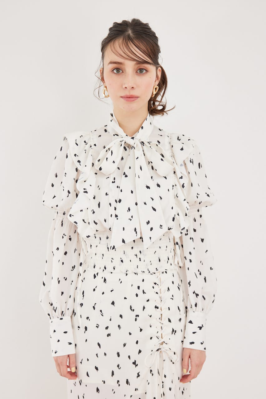 2WAYボウタイクロップドブラウス 柄WHT FREE