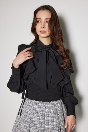 シップス 2way ボウタイ プリント ブラウス 黒 ブラック フリーサイズ rienda | 2WAYボウタイクロップドブラウス (シャツ・ブラウス