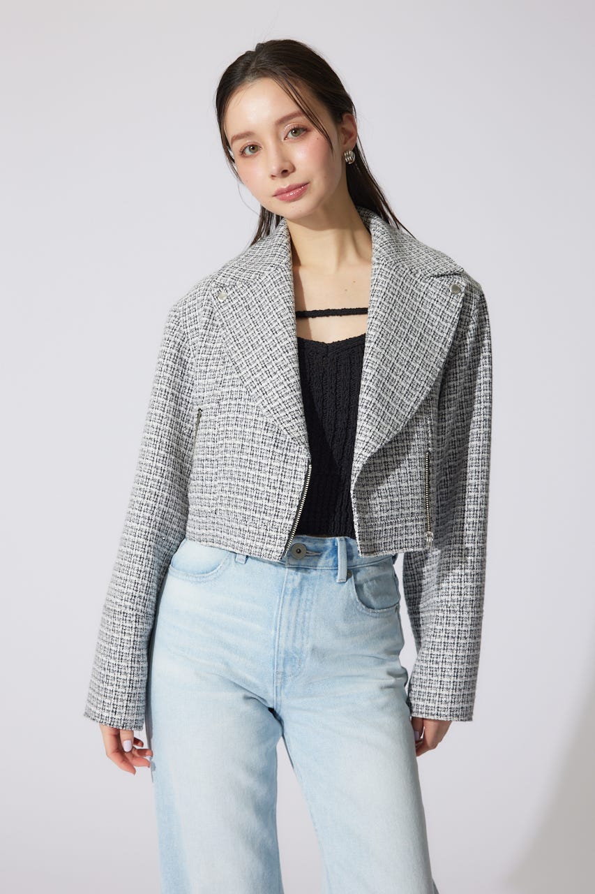 ツイードショートライダースジャケット BLK M