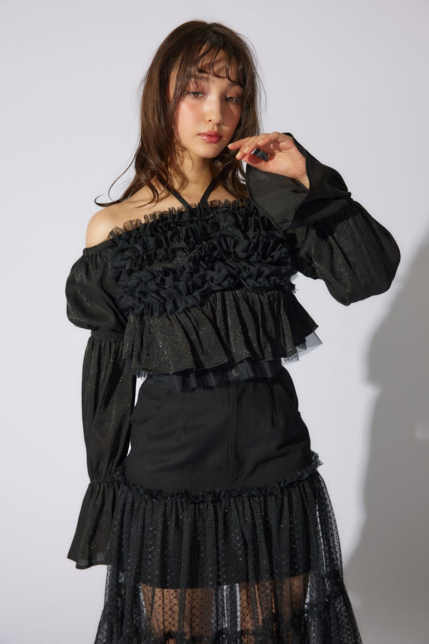 【岡崎紗絵さん着用アイテム】フリルオフショルブラウス BLK FREE