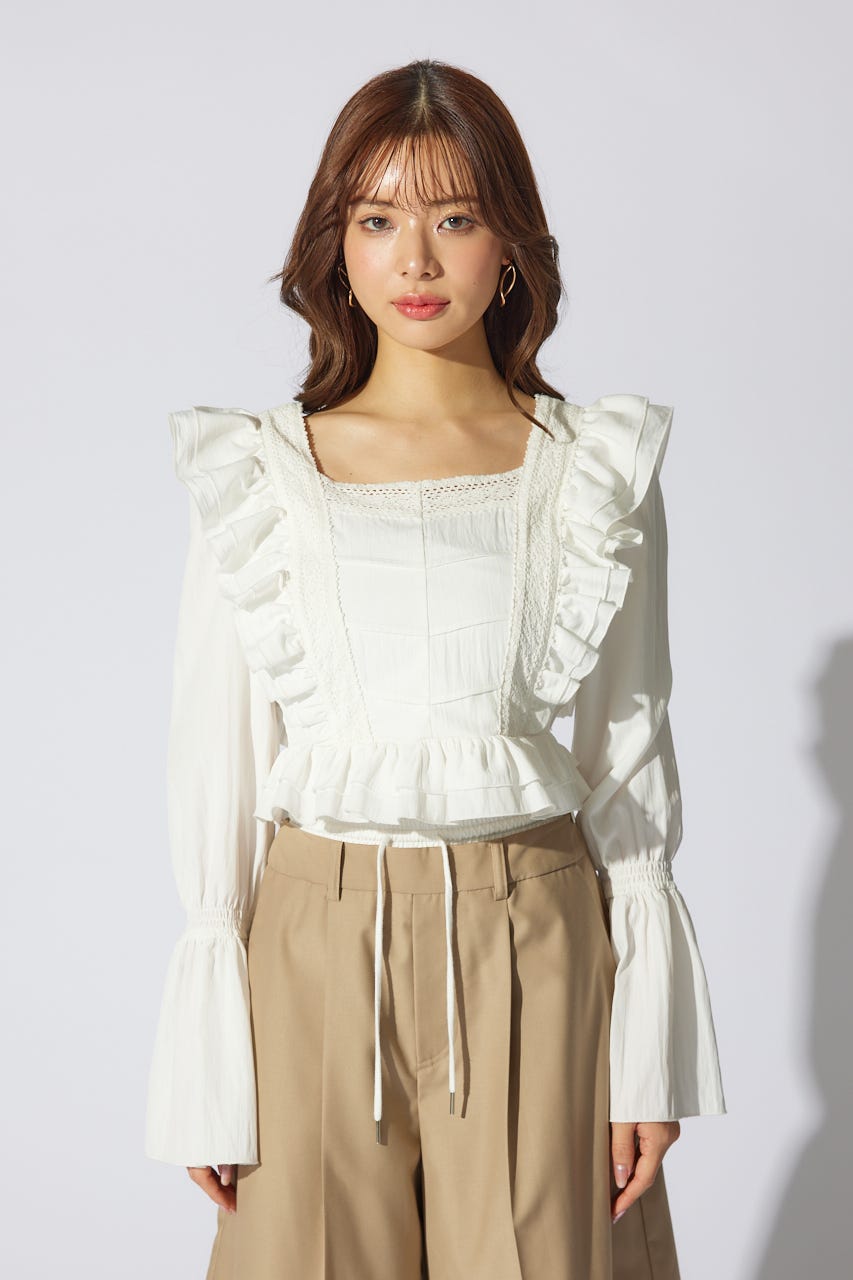 【未使用】HIAND ぺブラムフリルシャツ rienda | レースラインペプラムブラウス (シャツ・ブラウス