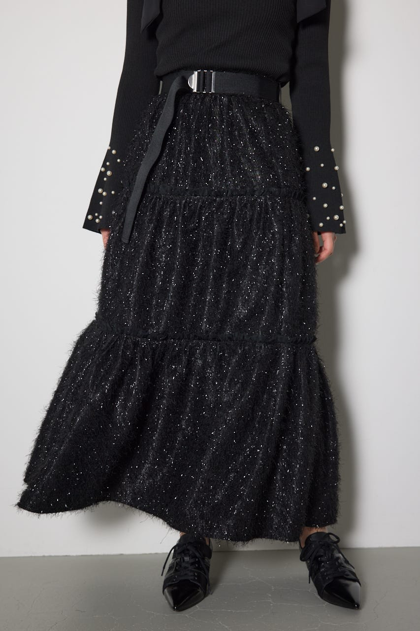 【新品】モニーレ ウエストリブ フレアスカート グリッター 華やか 艶 光沢 黒 新品】モニーレ ウエストリブ フレアスカート グリッター 華やか