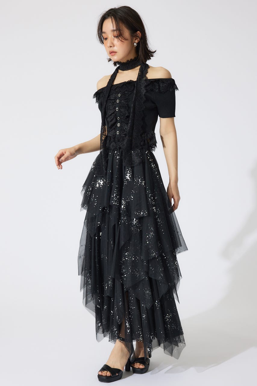 ニュアンスランダムチュールジャストウエストスカート BLK M