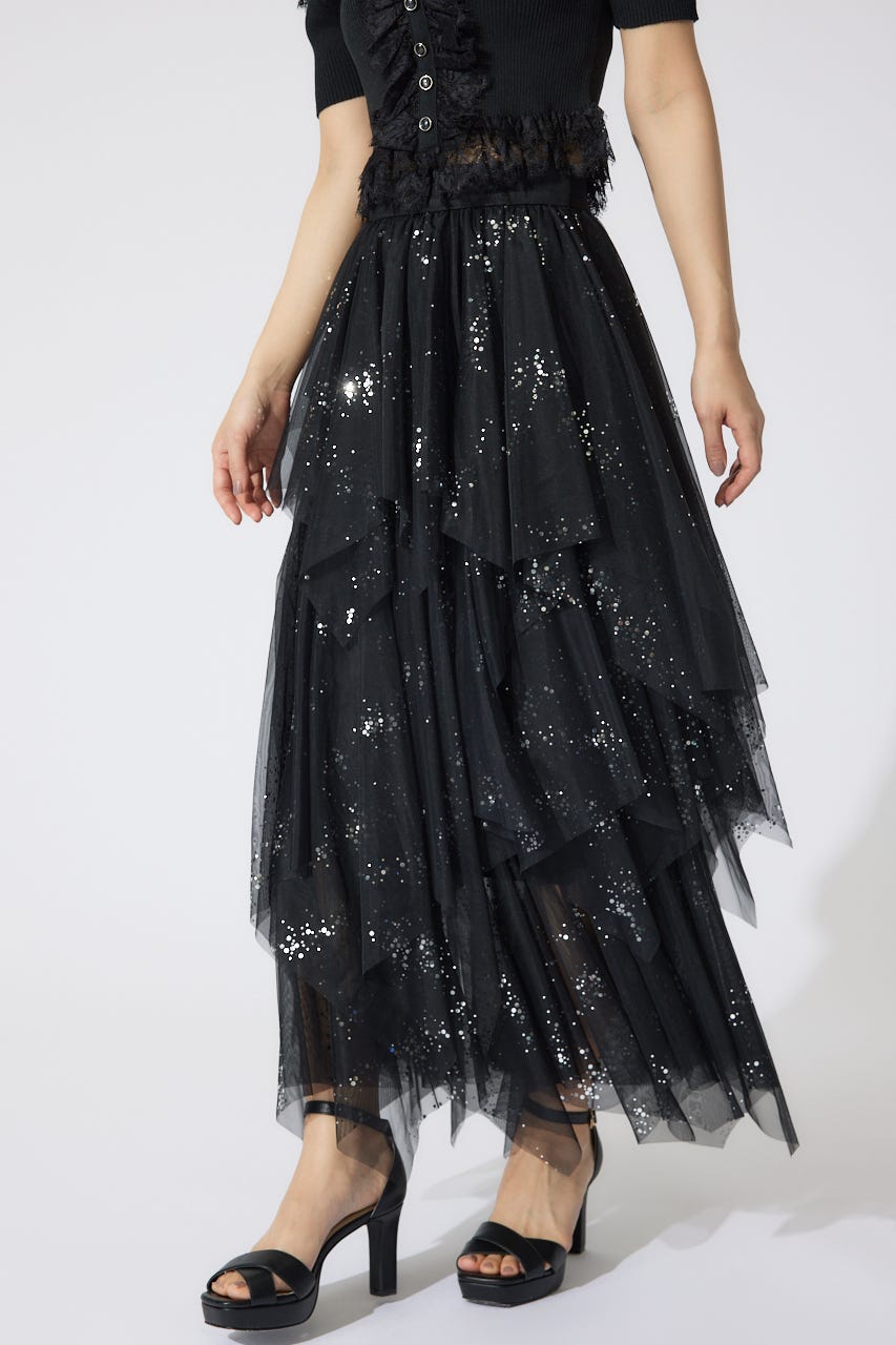 ニュアンスランダムチュールジャストウエストスカート BLK M