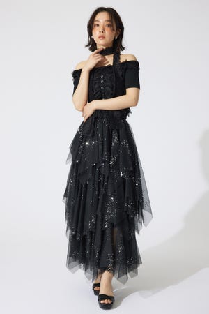 ニュアンスランダムチュールジャストウエストスカート