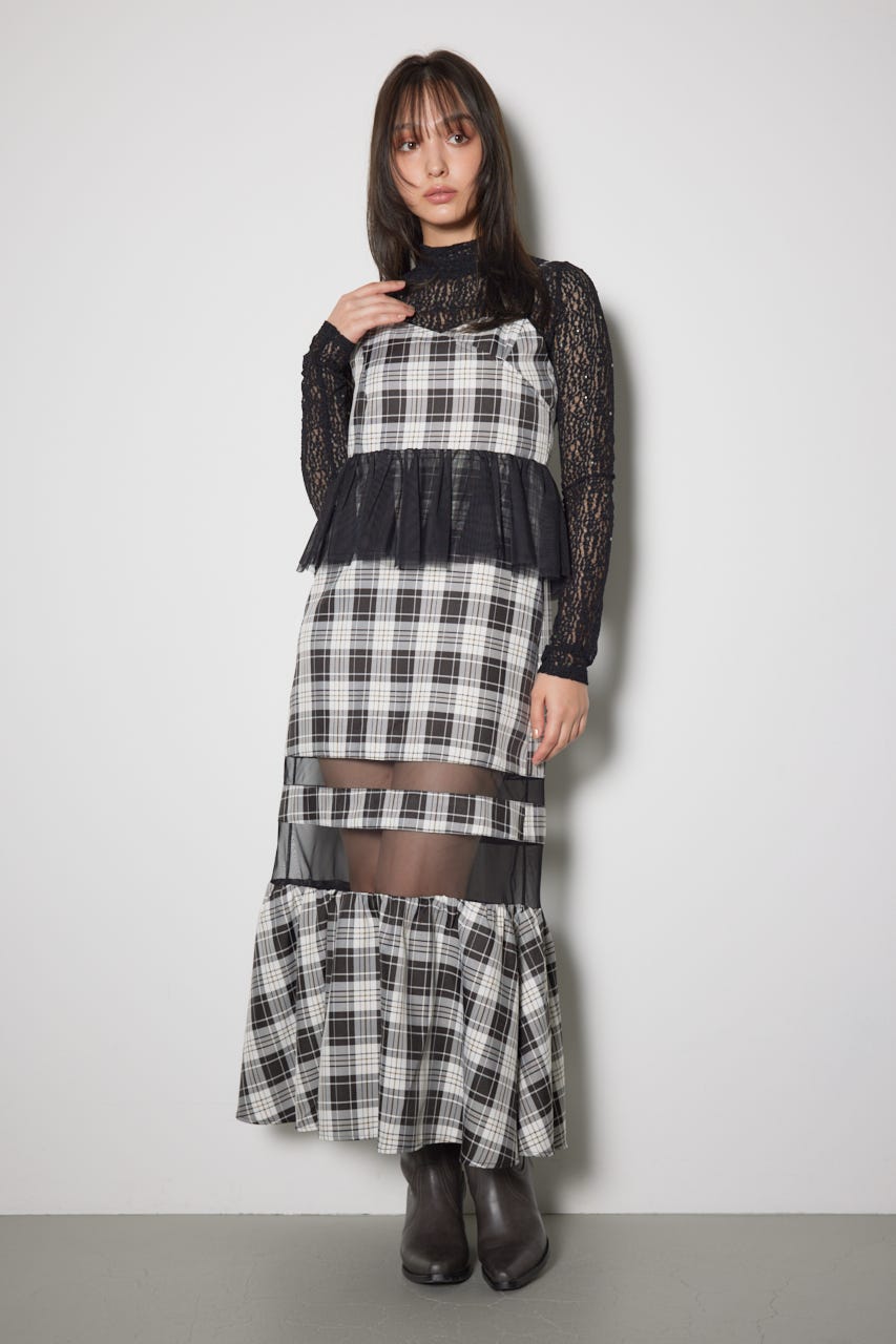 ペプラムマーメイドチェックキャミワンピース 柄BLK M