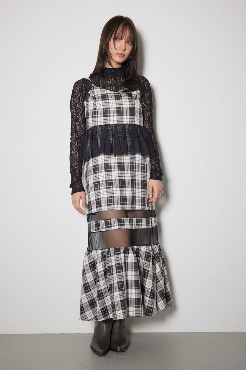 ペプラムマーメイドチェックキャミワンピース 柄BLK M