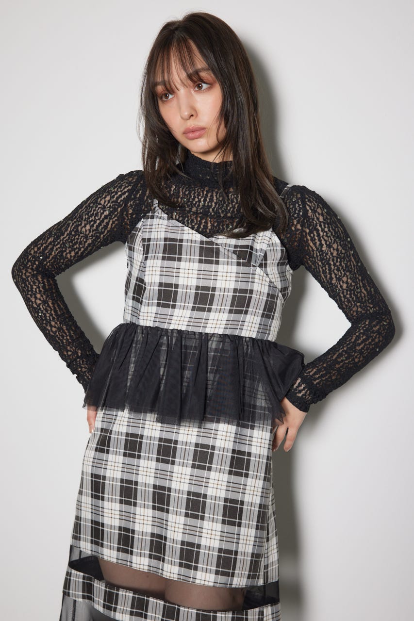 ペプラムマーメイドチェックキャミワンピース 柄BLK M