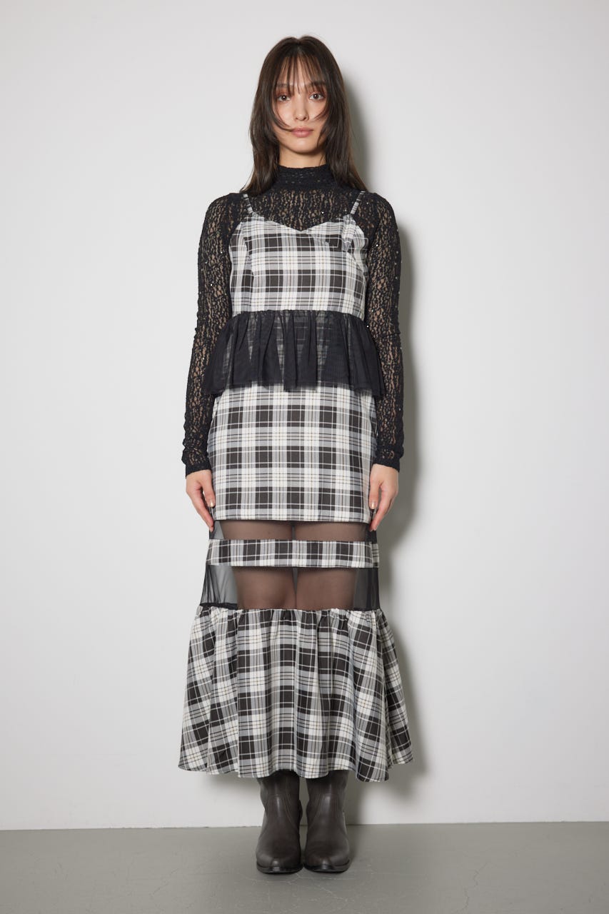 ペプラムマーメイドチェックキャミワンピース 柄BLK M