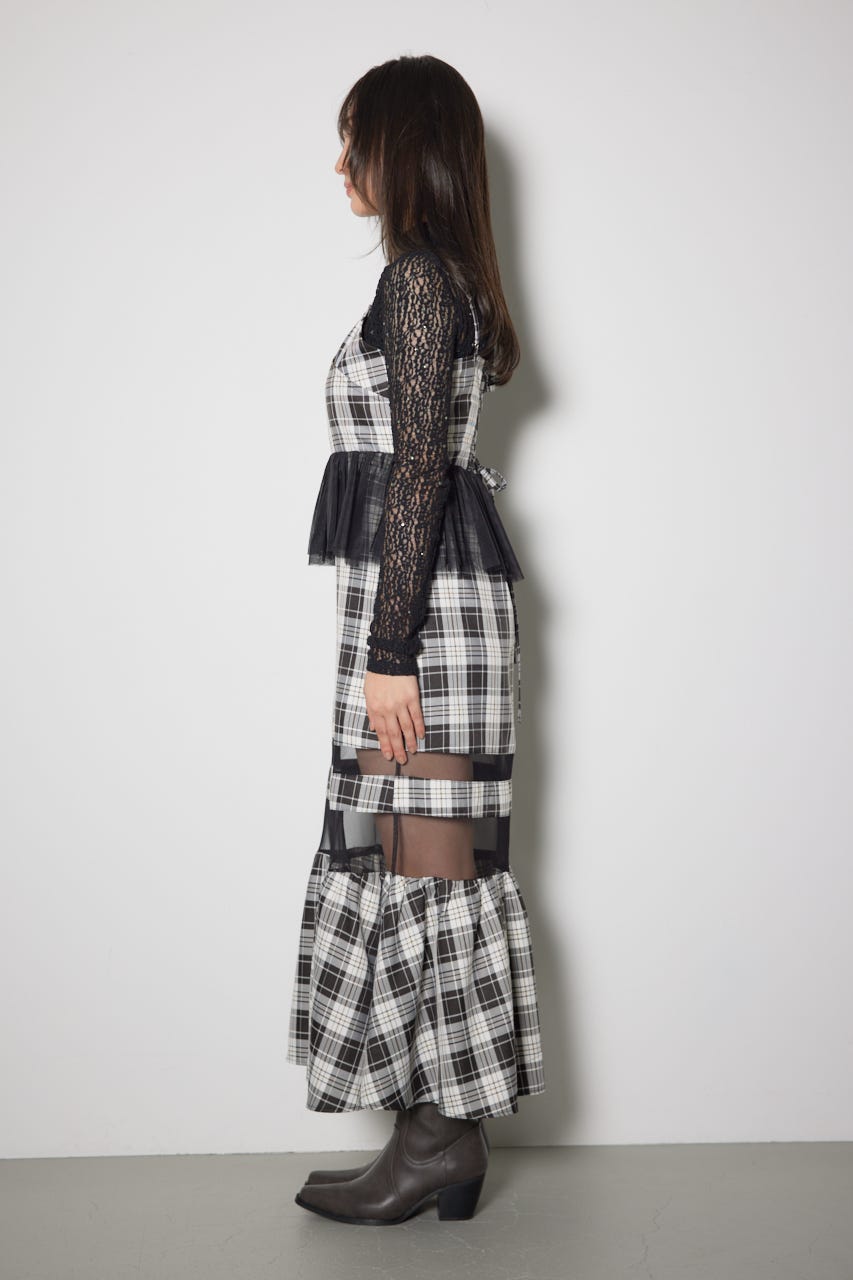 ペプラムマーメイドチェックキャミワンピース 柄BLK M