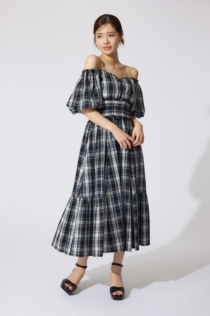 バルーンスリーブフレアワンピース 柄BLK S