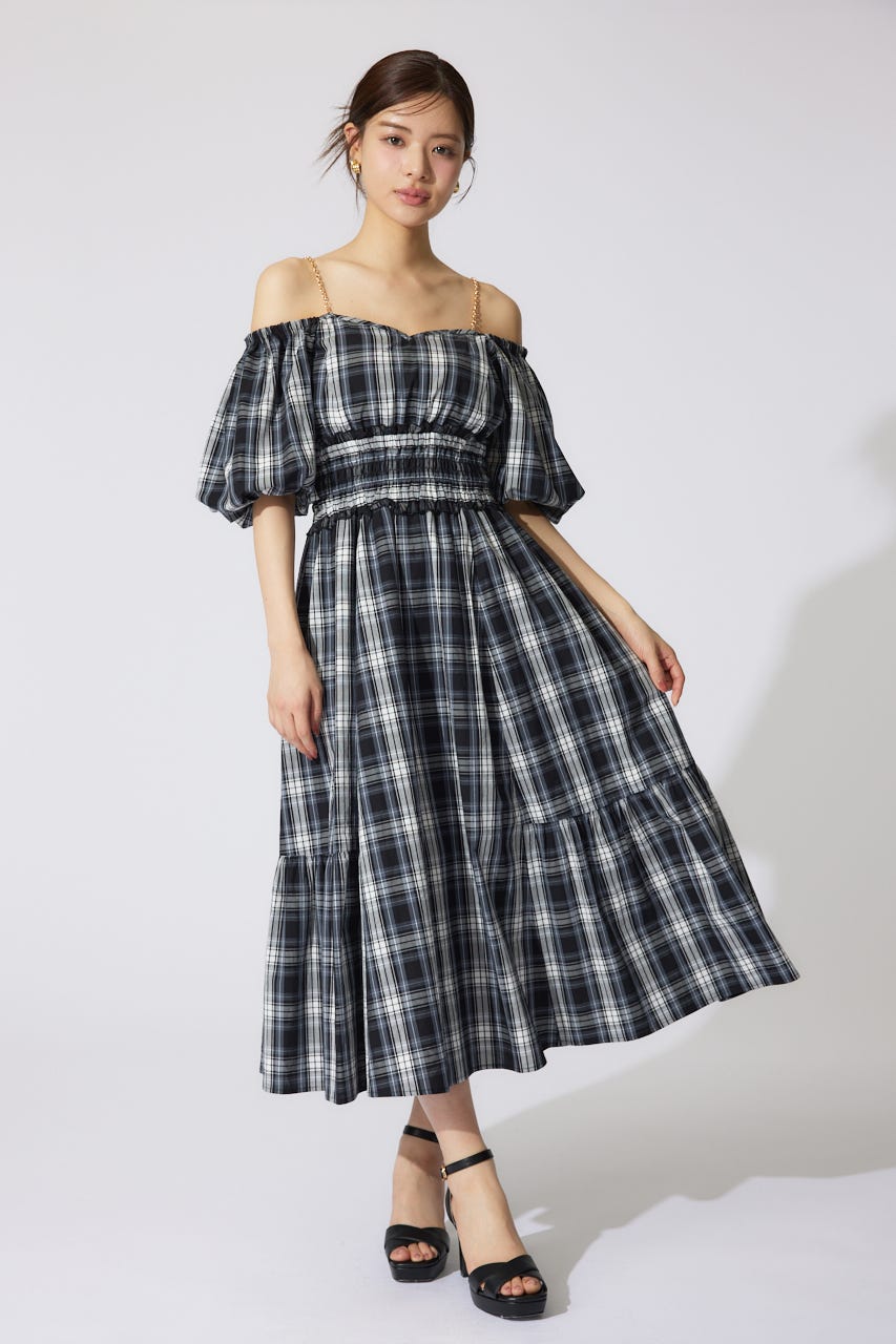 バルーンスリーブフレアワンピース 柄BLK S