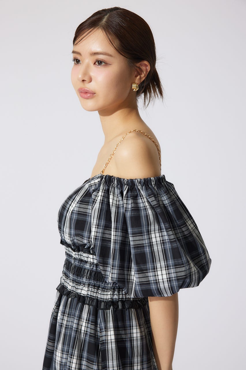 バルーンスリーブフレアワンピース 柄BLK S