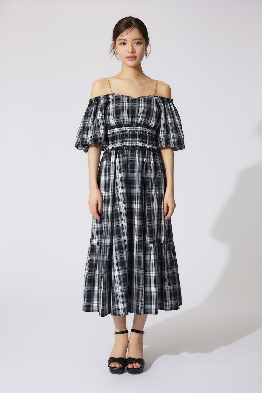 バルーンスリーブフレアワンピース 柄BLK S