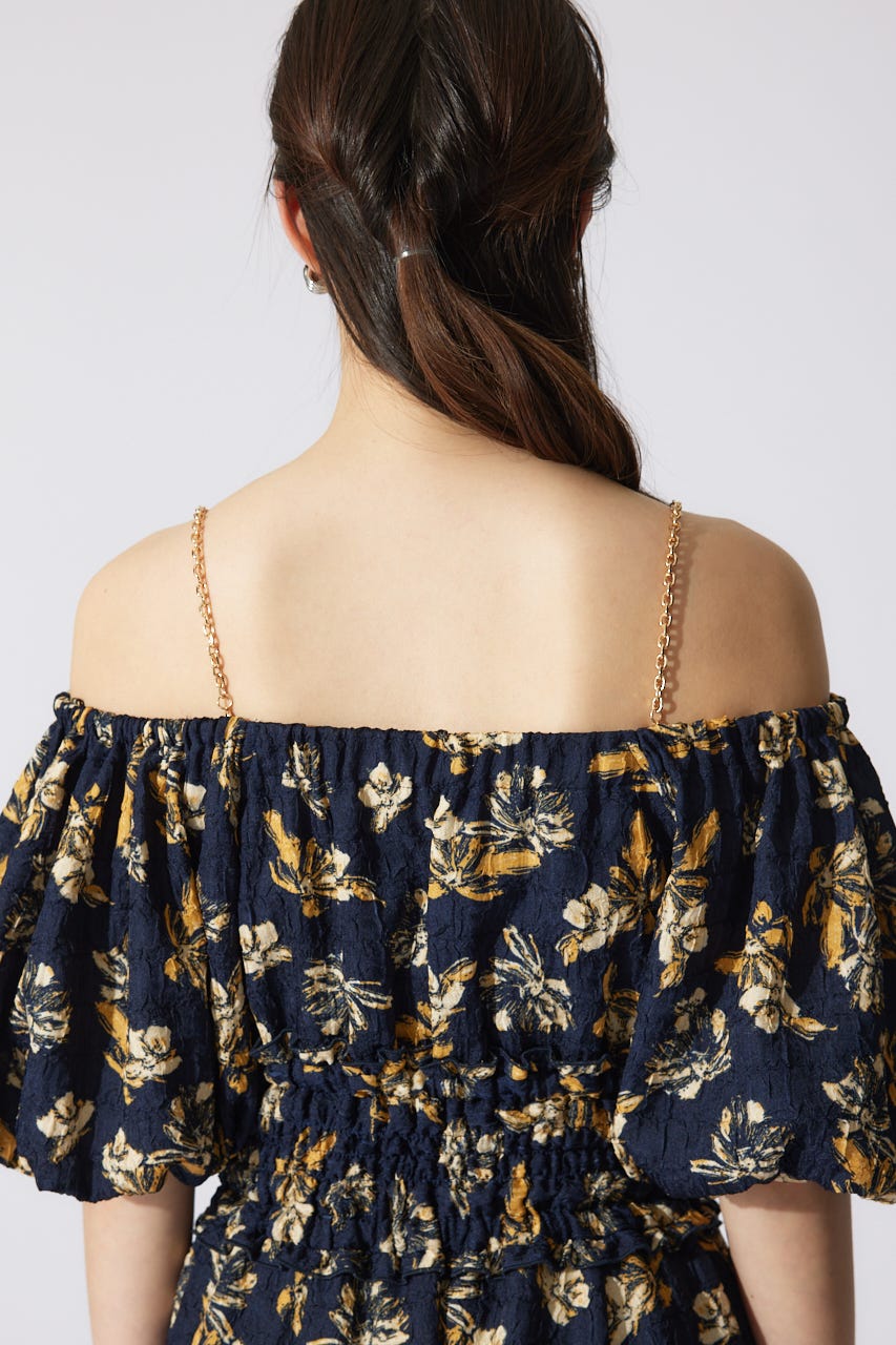 バルーンスリーブフレアワンピース 柄NVY M