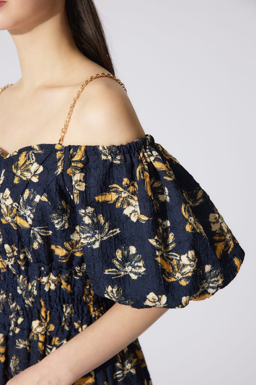 バルーンスリーブフレアワンピース 柄NVY M