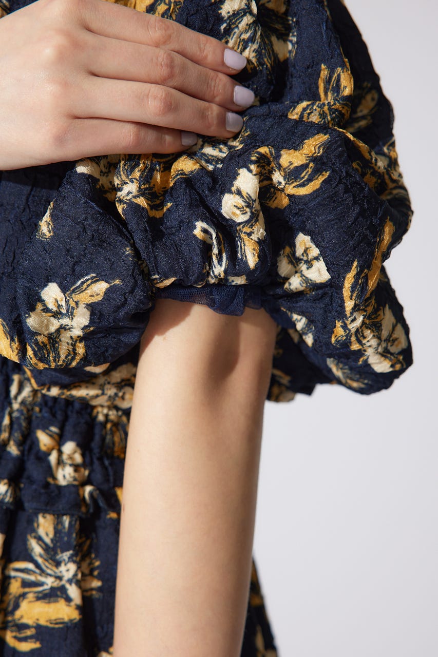 バルーンスリーブフレアワンピース 柄NVY M