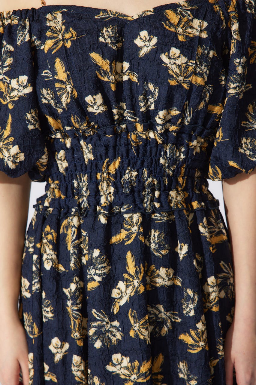 バルーンスリーブフレアワンピース 柄NVY M