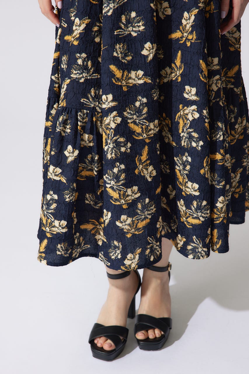 バルーンスリーブフレアワンピース 柄NVY M