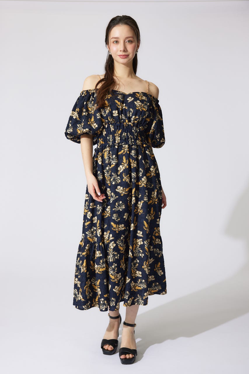 バルーンスリーブフレアワンピース 柄NVY M