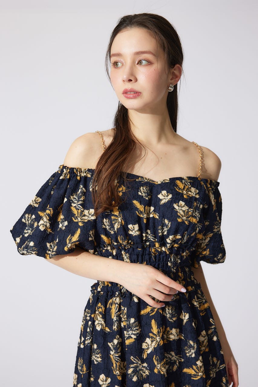 バルーンスリーブフレアワンピース 柄NVY M