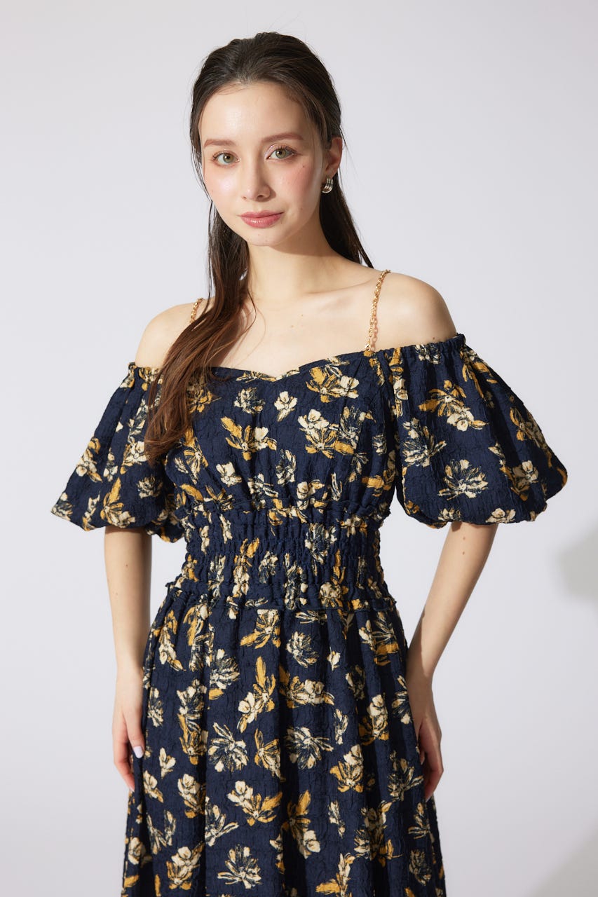 バルーンスリーブフレアワンピース 柄NVY M