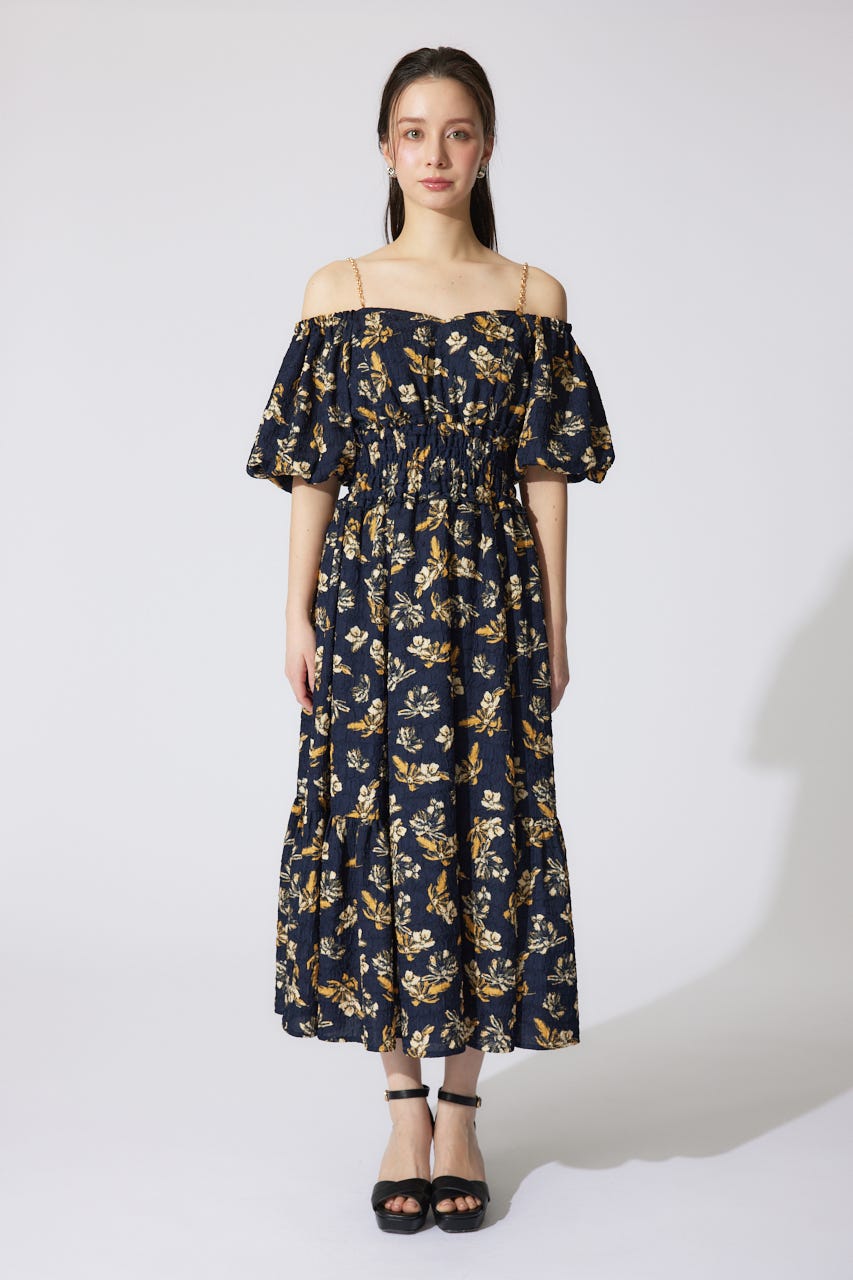 バルーンスリーブフレアワンピース 柄NVY M