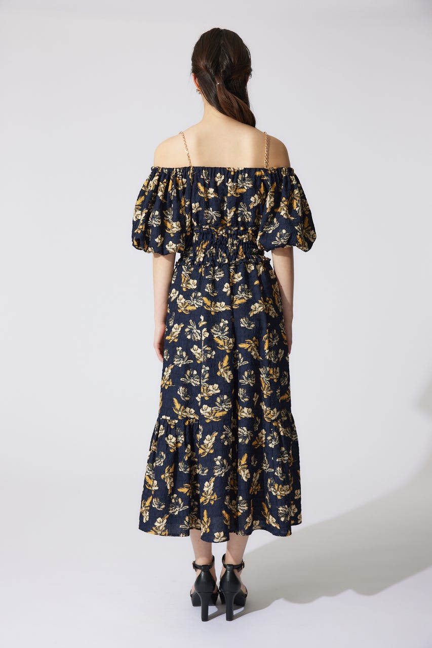 バルーンスリーブフレアワンピース 柄NVY M