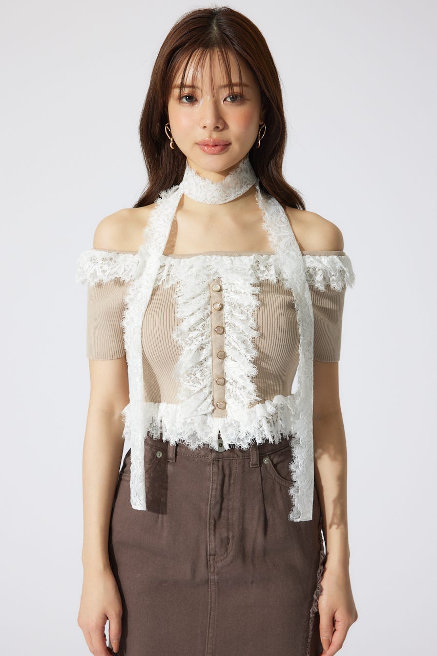 レースコンビリブニットトップス BEG FREE