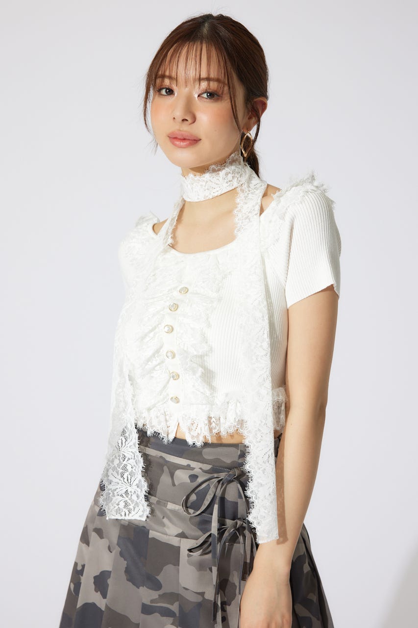 レースコンビリブニットトップス WHT FREE