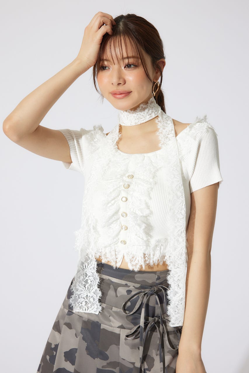 レースコンビリブニットトップス WHT FREE