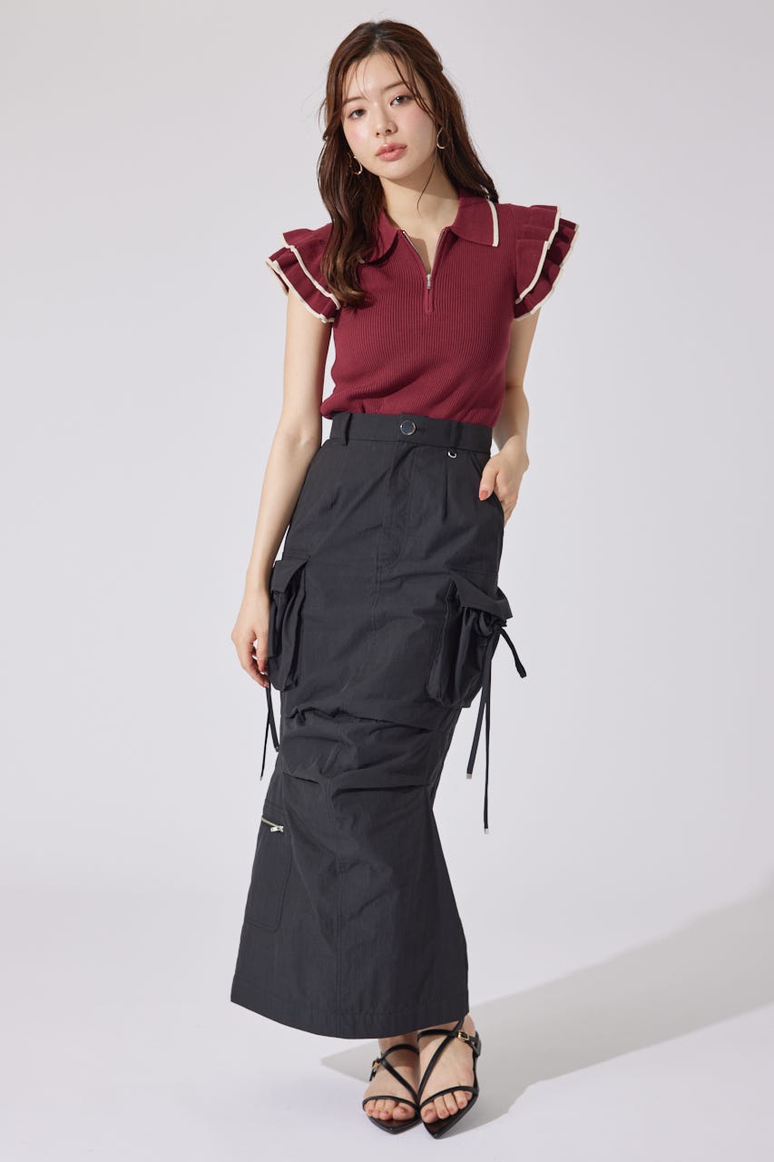 ハーフジップフリルショルダーニットトップス RED FREE