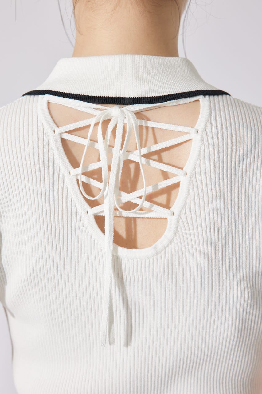 ハーフジップフリルショルダーニットトップス WHT FREE