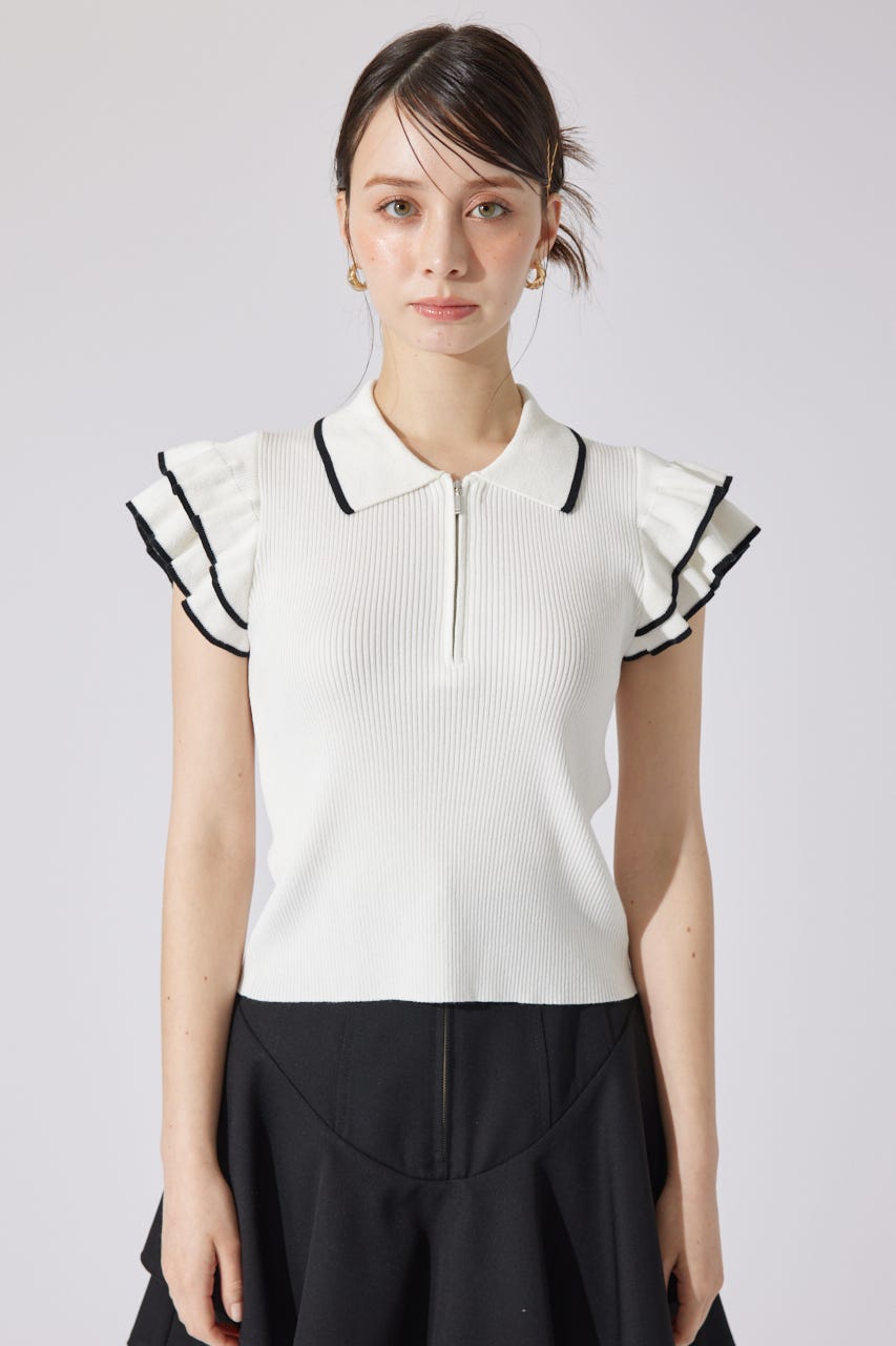 ハーフジップフリルショルダーニットトップス WHT FREE