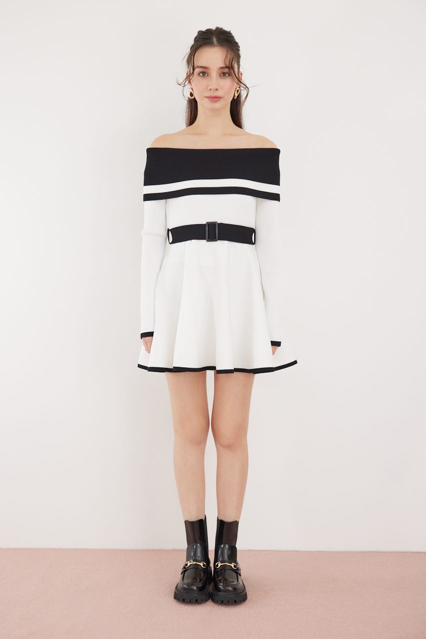 バイカラーオフショルフレアミニニットワンピース WHT FREE