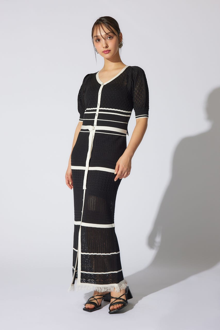 2WAYフリンジライン配色クロシェニットワンピース BLK FREE