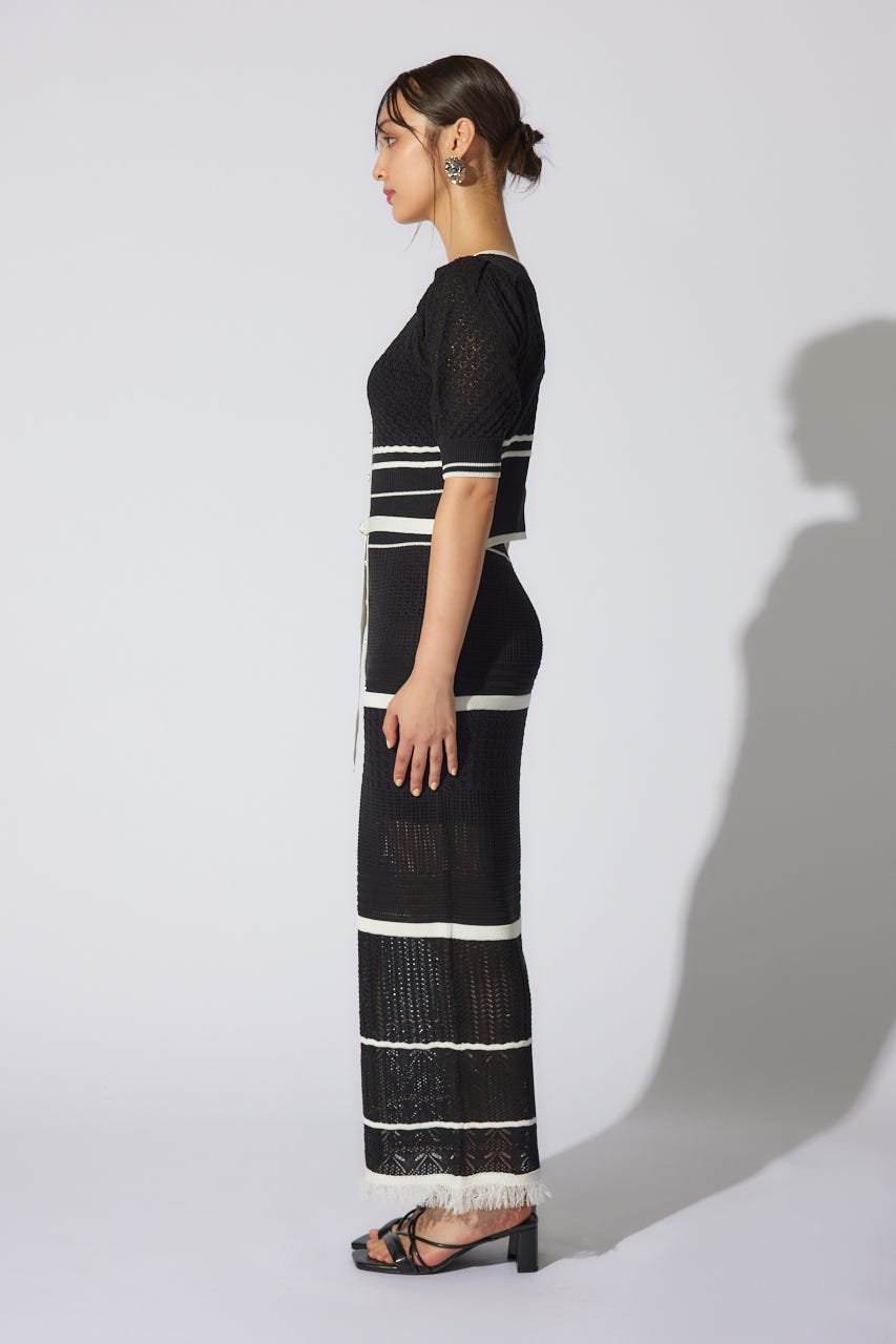 2WAYフリンジライン配色クロシェニットワンピース BLK FREE