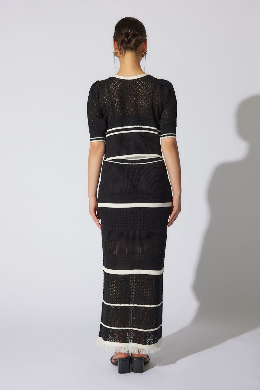 2WAYフリンジライン配色クロシェニットワンピース BLK FREE