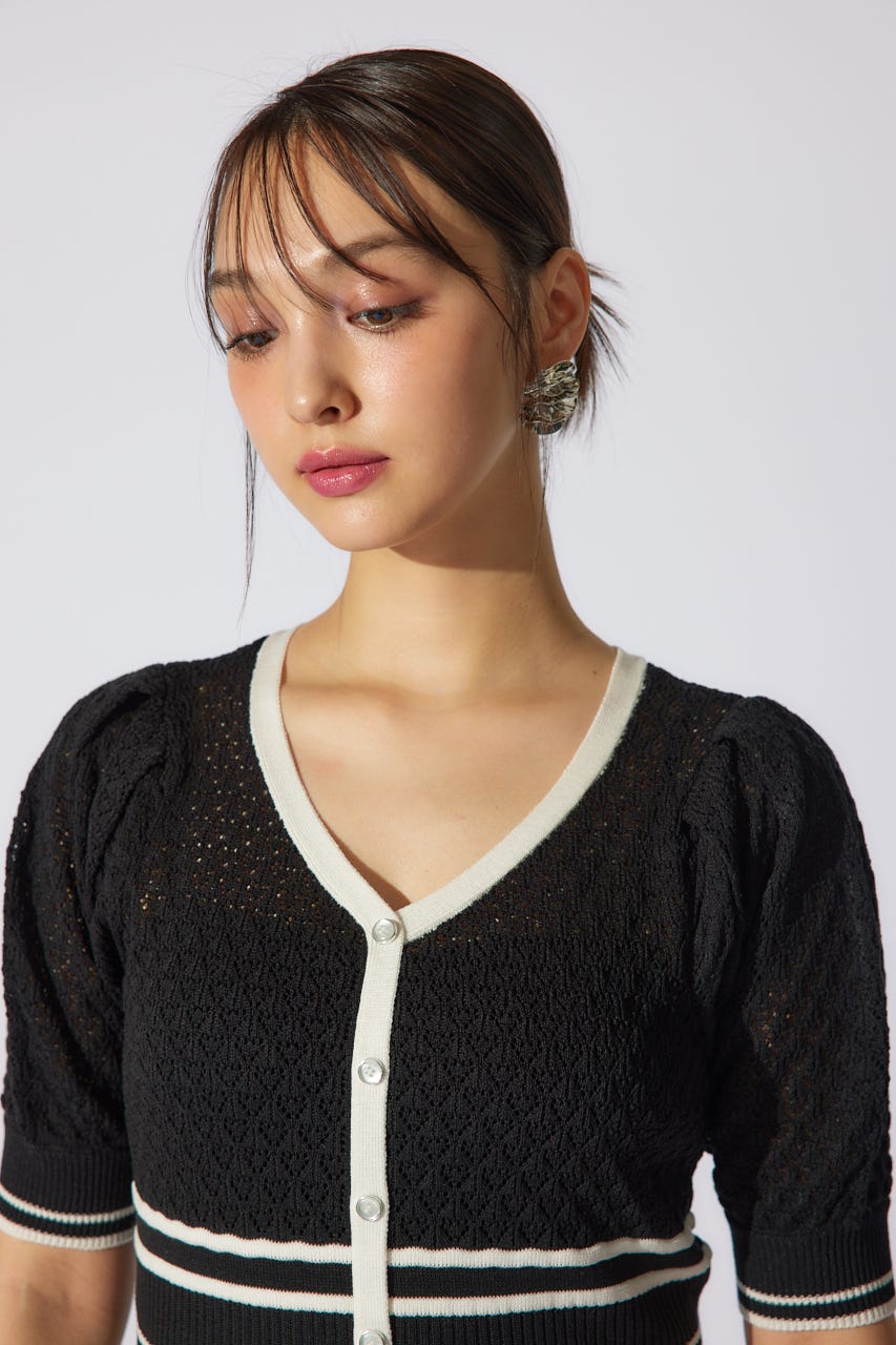 2WAYフリンジライン配色クロシェニットワンピース BLK FREE