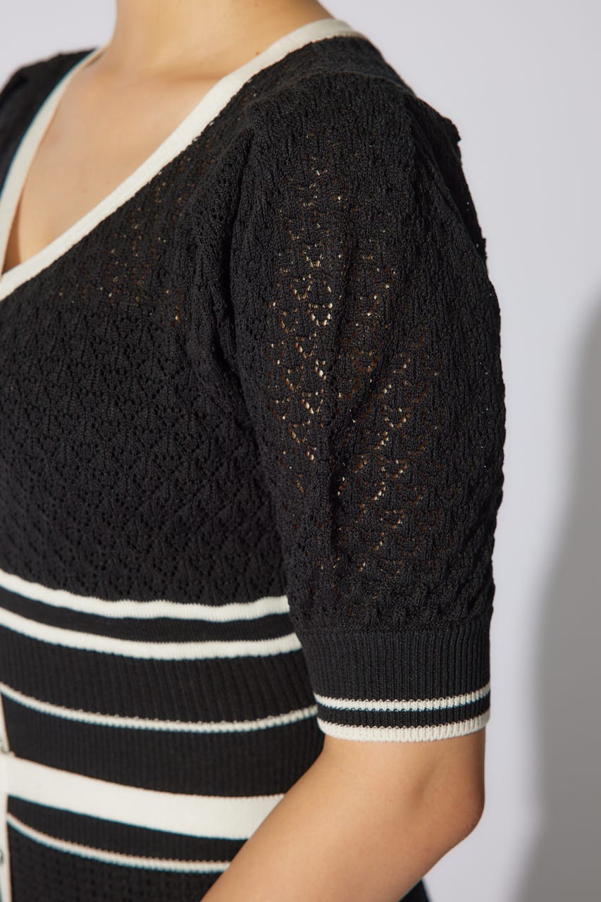 2WAYフリンジライン配色クロシェニットワンピース BLK FREE