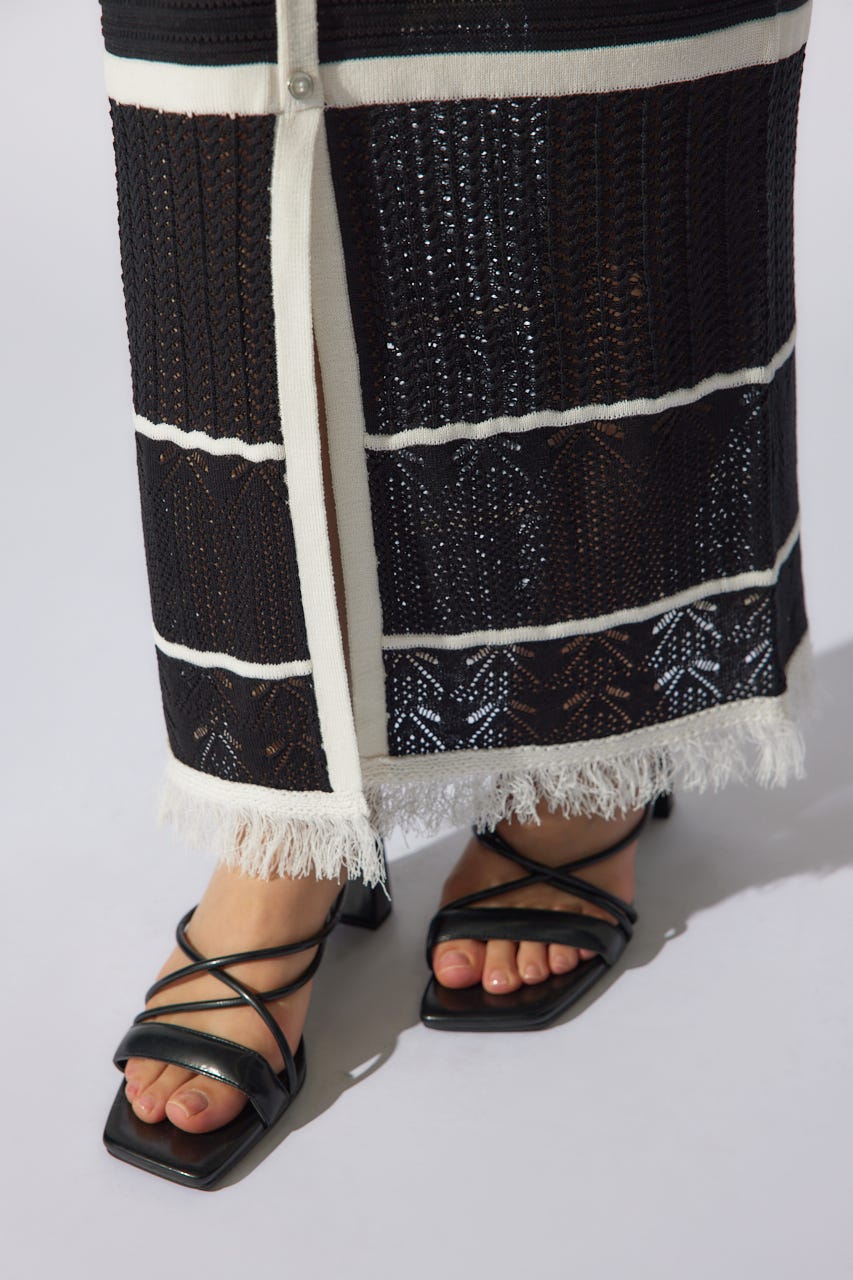 2WAYフリンジライン配色クロシェニットワンピース BLK FREE