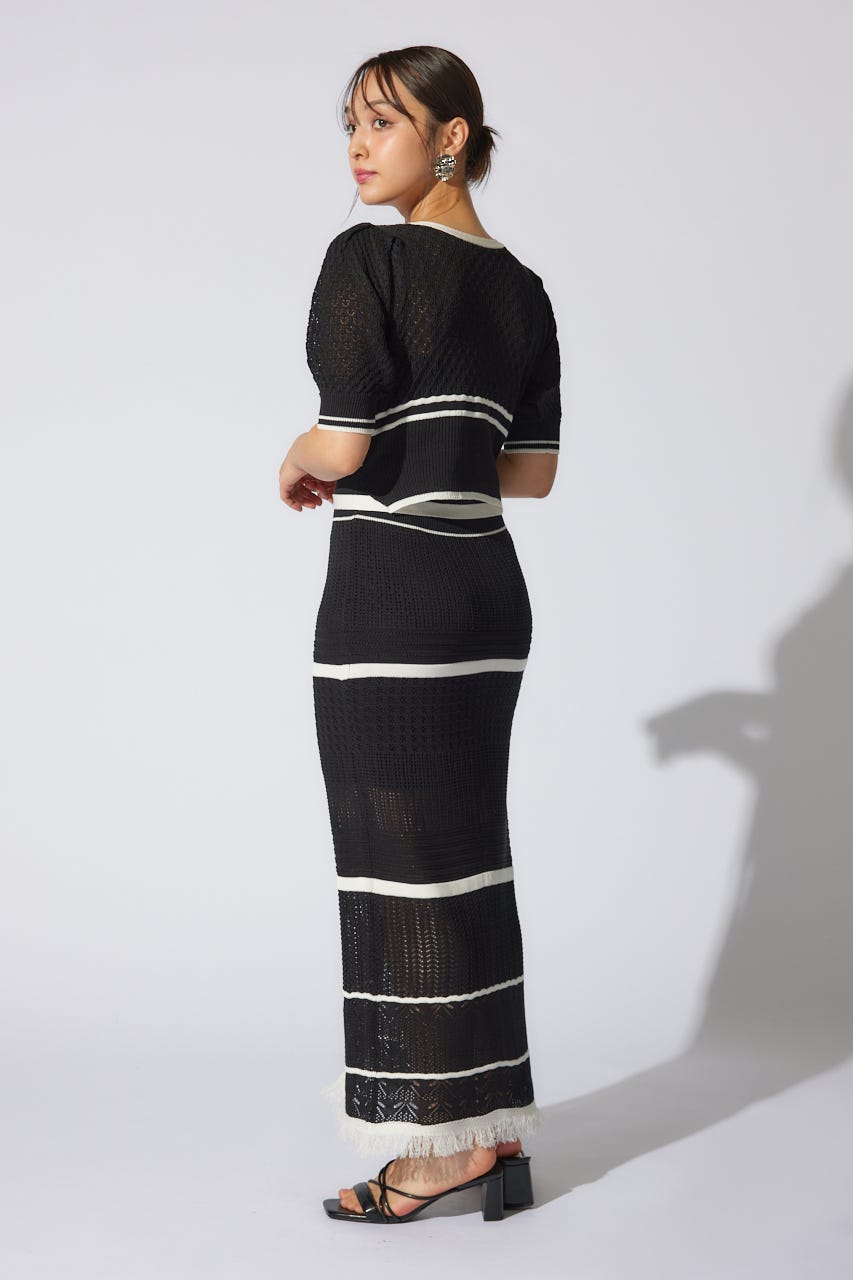 2WAYフリンジライン配色クロシェニットワンピース BLK FREE