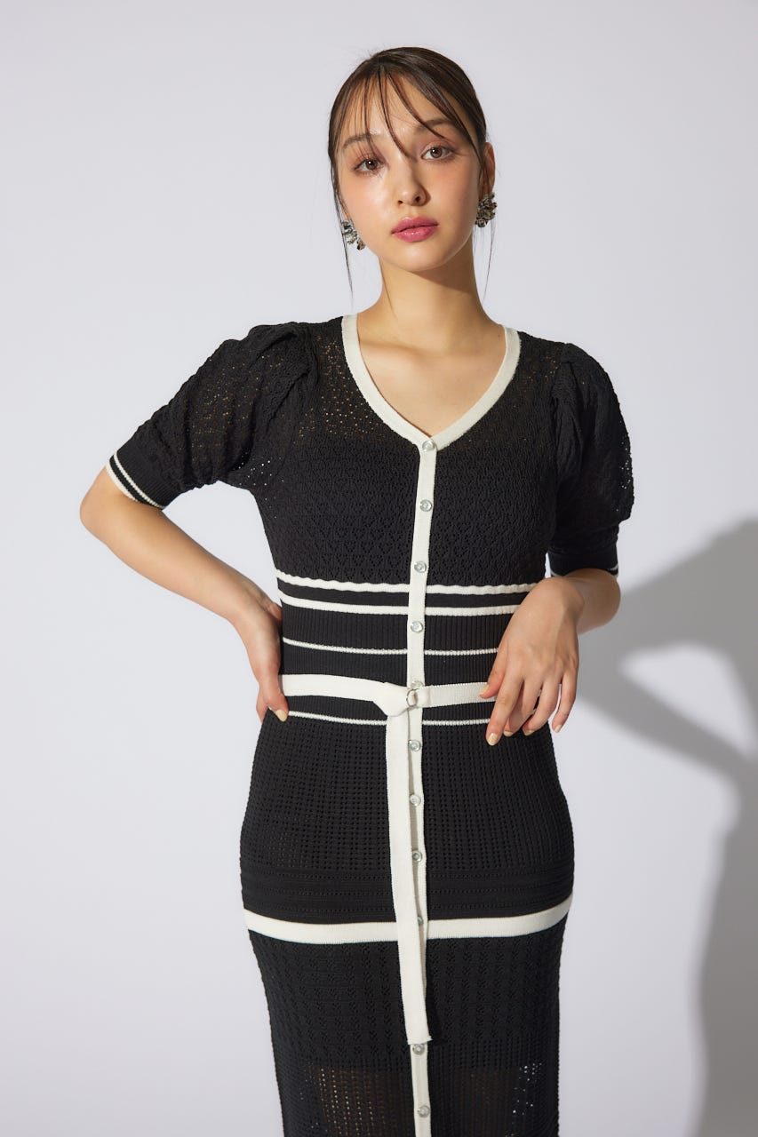 2WAYフリンジライン配色クロシェニットワンピース BLK FREE