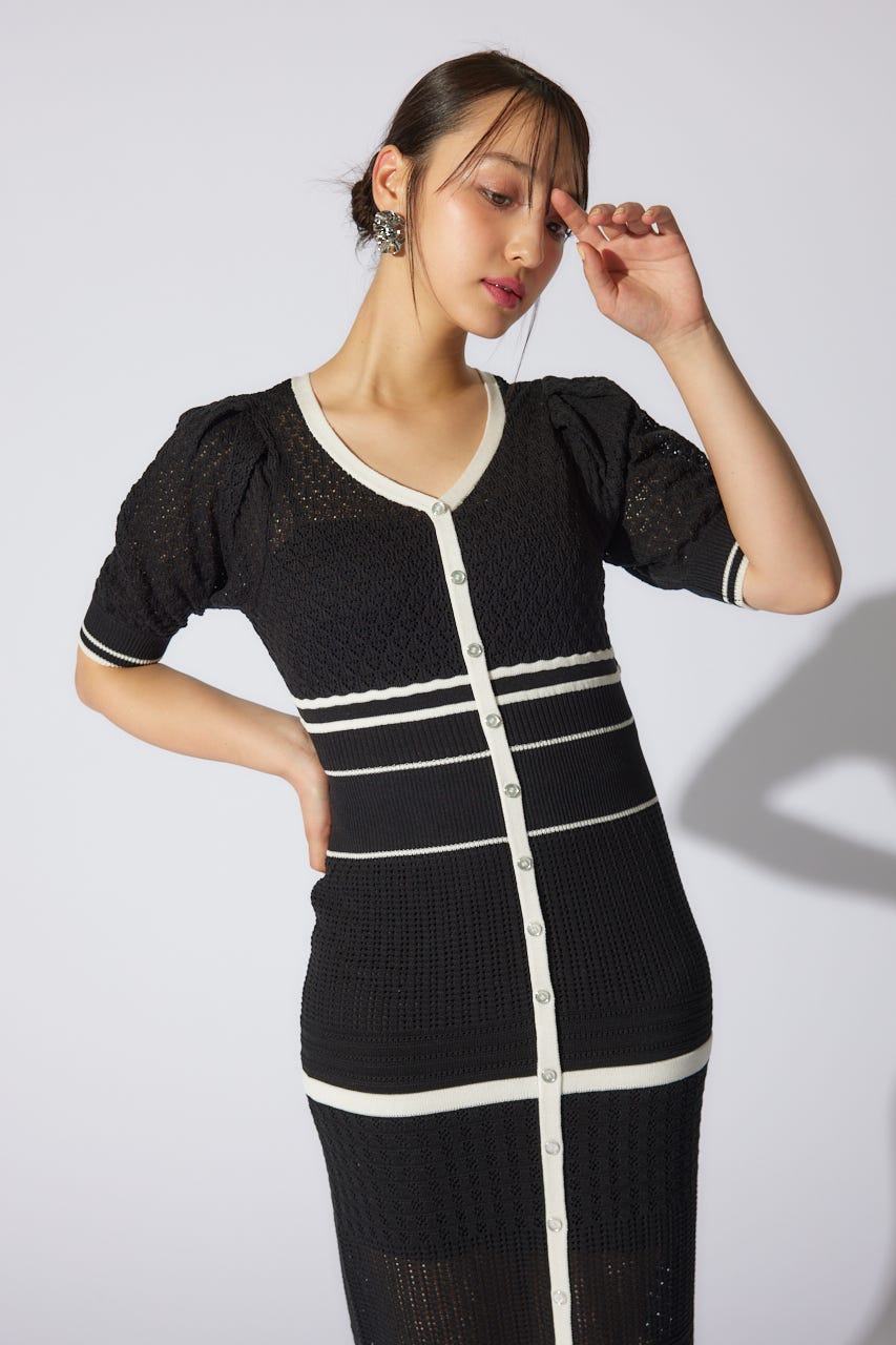 2WAYフリンジライン配色クロシェニットワンピース BLK FREE