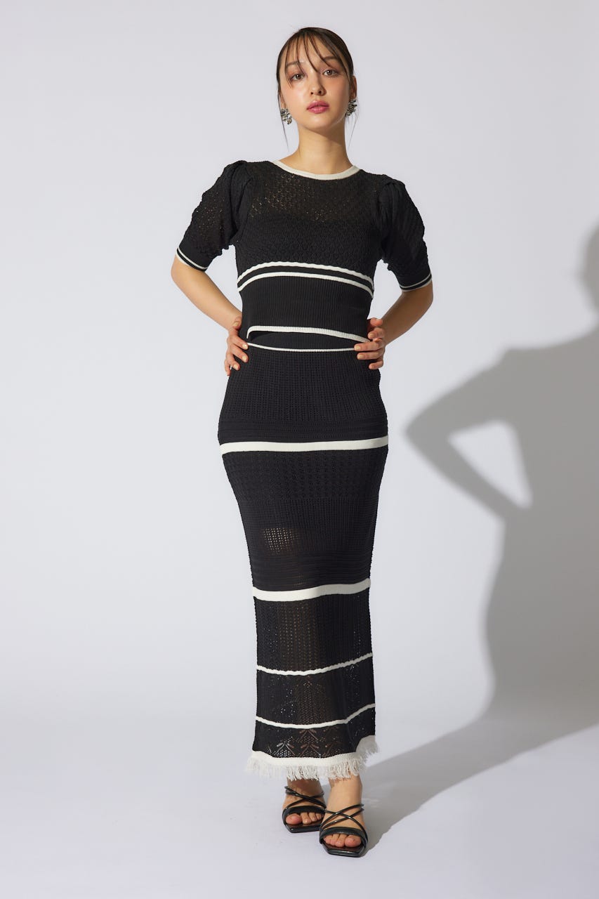 2WAYフリンジライン配色クロシェニットワンピース BLK FREE