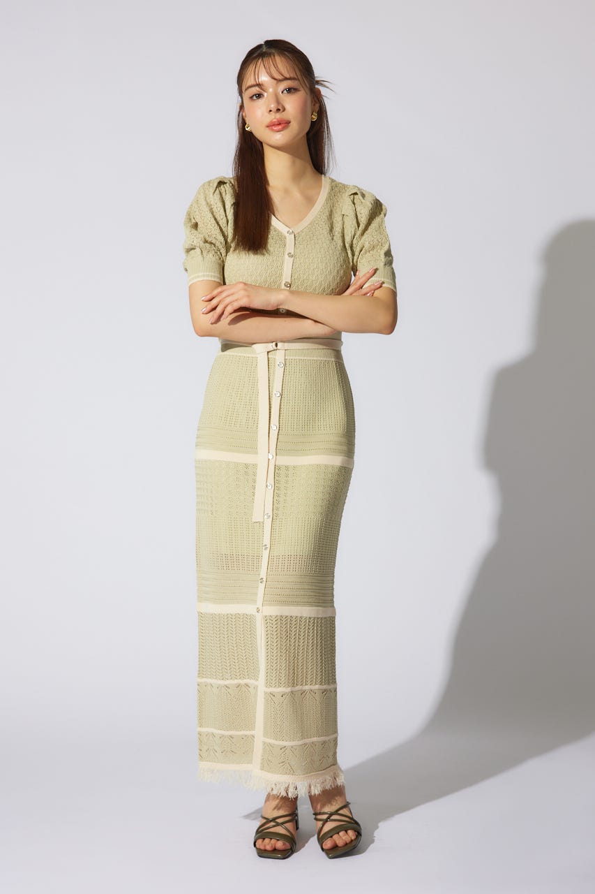 2WAYフリンジライン配色クロシェニットワンピース L/GRN FREE