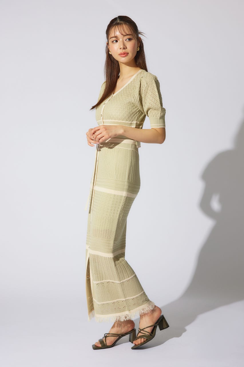 2WAYフリンジライン配色クロシェニットワンピース L/GRN FREE