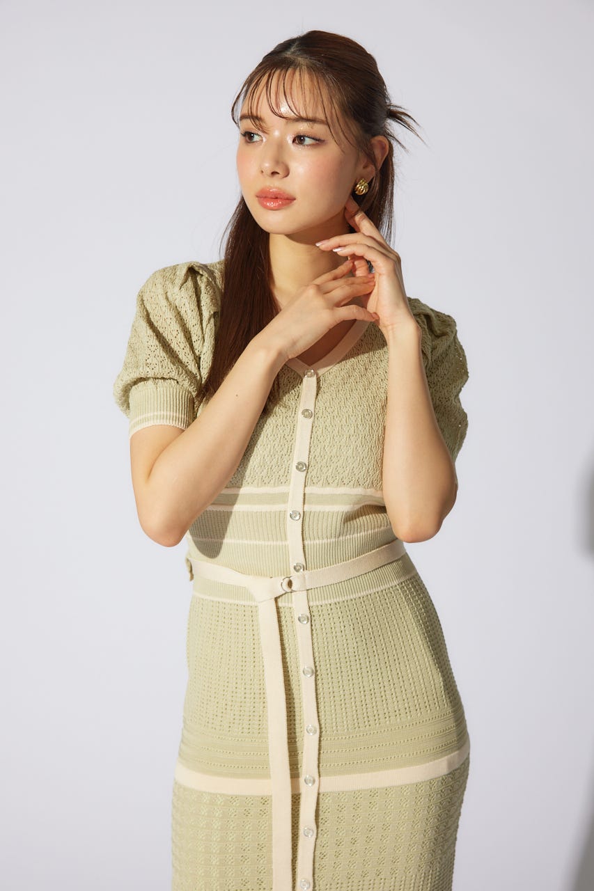 2WAYフリンジライン配色クロシェニットワンピース L/GRN FREE