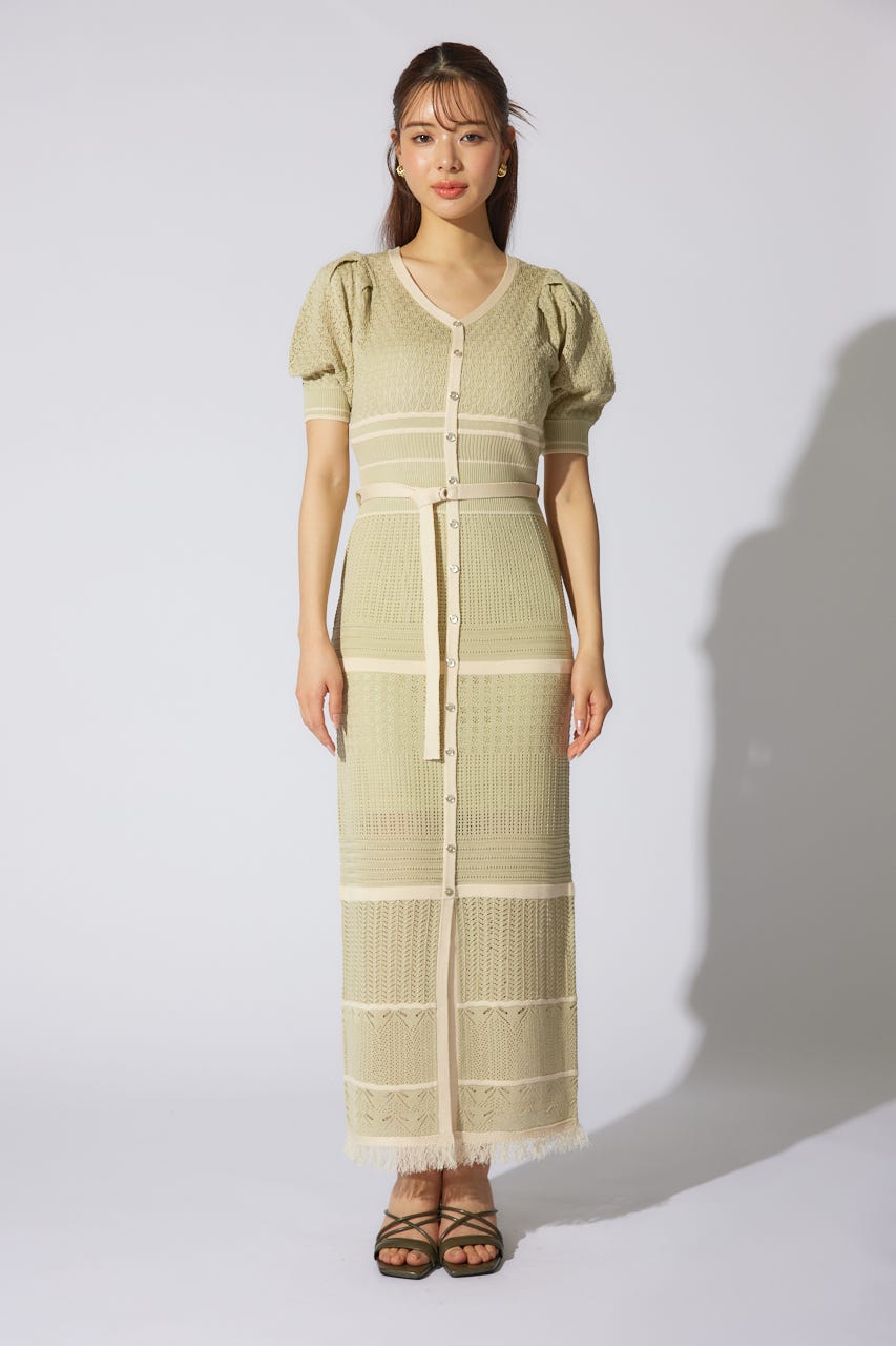 2WAYフリンジライン配色クロシェニットワンピース L/GRN FREE