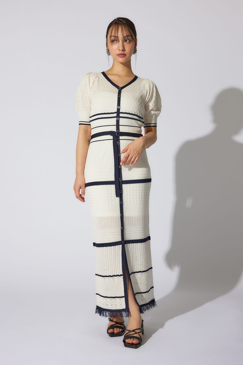 2WAYフリンジライン配色クロシェニットワンピース WHT FREE